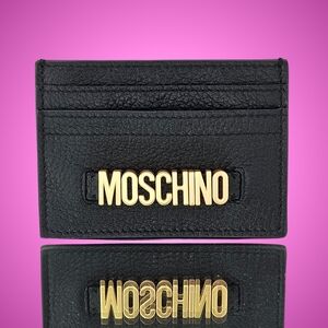 Moschino Card Case 3" x 4" Black Gold Leather Logo Card Wallet Card Holder Gift